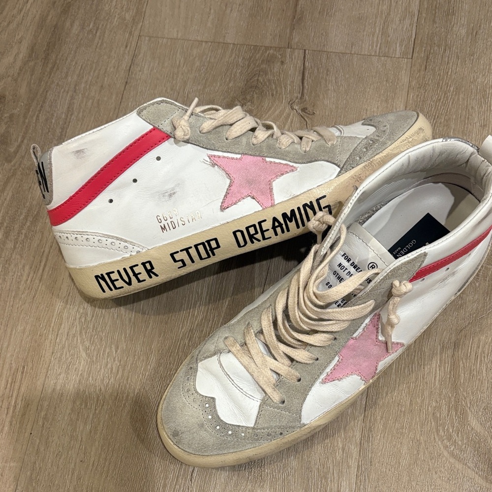 Golden Goose White and Pink High-Top Sneakers